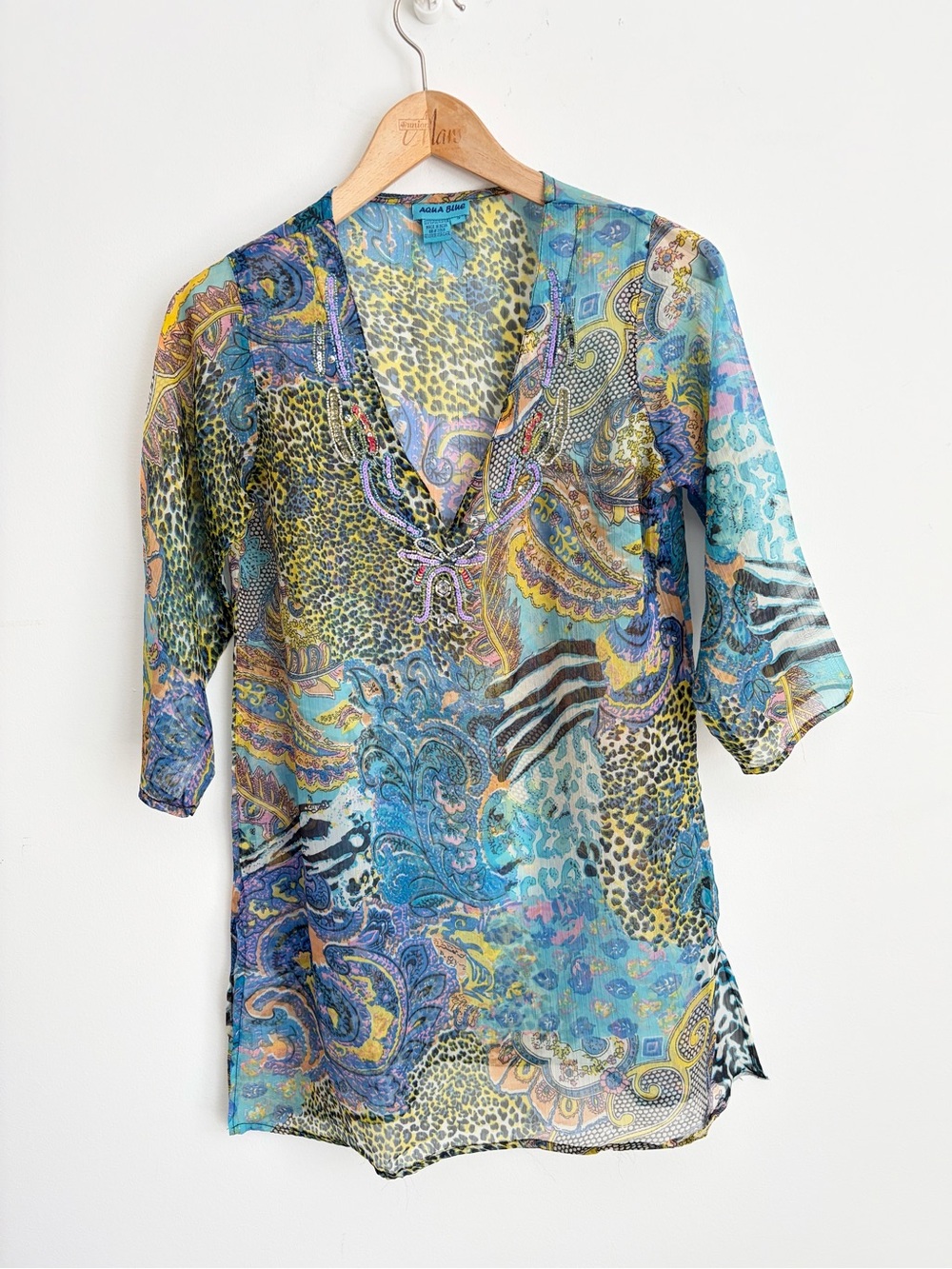 Aqua Blue Beaded Sequin Sheer Paisley Cover Up Boho Resortcore S